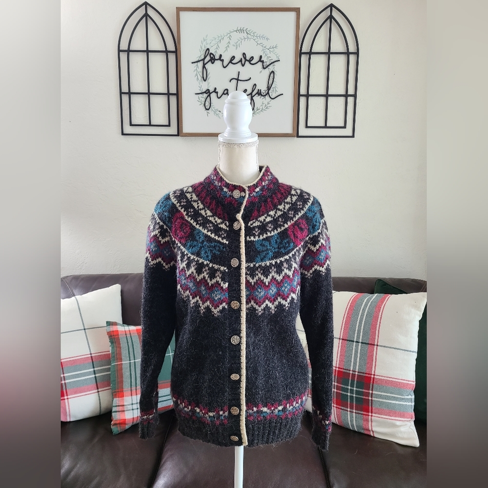VINTAGE WOOLRICH WOOL MOHAIR GRAY PINK NORDIC CARDIGAN SWEATER SIZE M ARCTIC‎ - Picture 4 of 10
